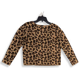 Womens Brown Leopard Print Long Sleeve Cropped Pullover Blouse Top Size XS