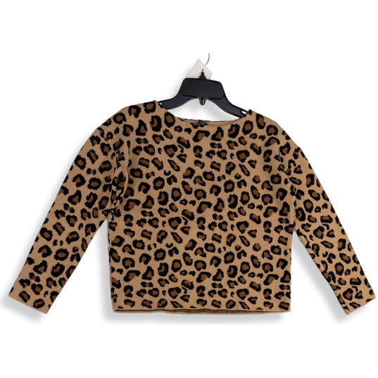 Womens Brown Leopard Print Long Sleeve Cropped Pullover Blouse Top Size XS image number 1