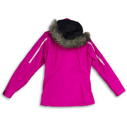Womens Pink White Hooded Fur Long Sleeve Full-Zip Windbreaker Jacket Size S alternative image