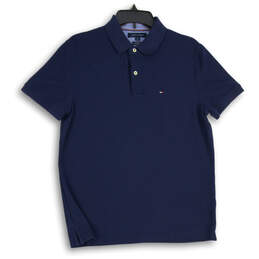 Mens Navy Short Sleeve Collared Quarter Button Custom Fit Polo Shirt Size M