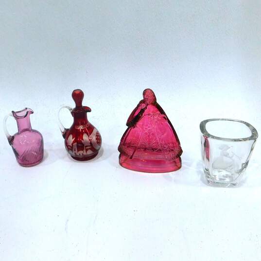 VNTG Art Glass Home Decor Bohemian Czech Ruby Cruet Cranberry Glass Etched Vase image number 1