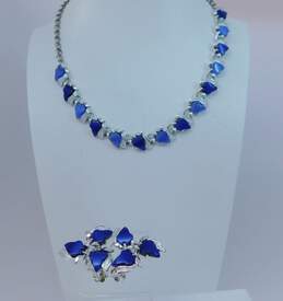 Vintage Unsigned Possible Coro Or Lisner Silver Tone Blue Lucite Leaves Necklace & Clip Earrings Set 57.6g