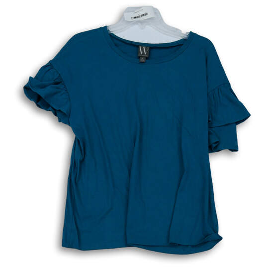 Womens Blue Short Ruffled Sleeve Round Neck Pullover Blouse Top Size XL image number 1