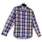 Mens White Blue Plaid Long Sleeve Pockets Collared Button-Up Shirt Size S image number 1