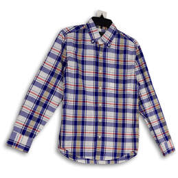 Mens White Blue Plaid Long Sleeve Pockets Collared Button-Up Shirt Size S