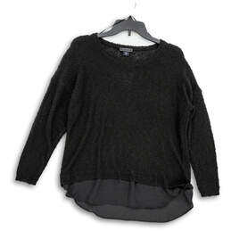 Womens Black Long Sleeve Round Neck Sheer Bottom Pullover Sweater Size M