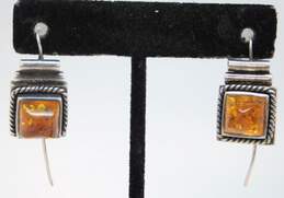 Artisan 925 Amber Pointed Cabochon Rope Accent Square Drop Earrings 13g