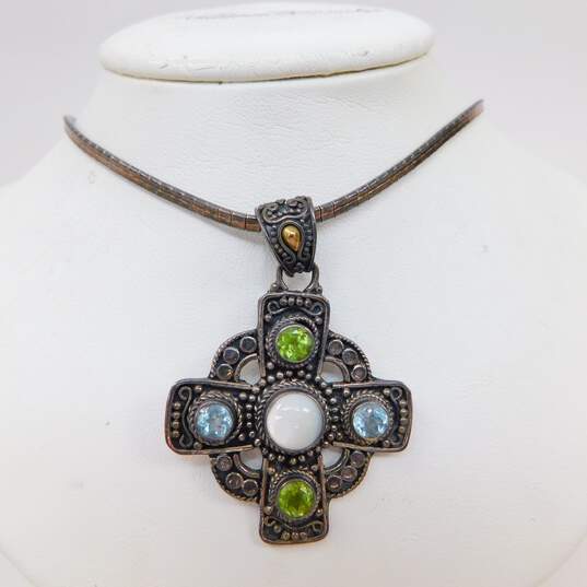925 & 18K Yellow Gold Accent Suarty Topaz Peridot & Shell Pendant Necklace 23.3g image number 2