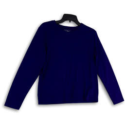 Womens Blue Round Neck Long Sleeve Pullover T-Shirt Size Medium Petite