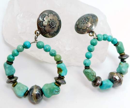 Artisan 925 Southwestern Turquoise Liquid Silver Station Necklace & Stamped Dome Graduated Beaded Circle Drop Post Earrings 19.6g image number 5