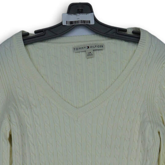 Womens Beige Knitted Long Sleeve V-Neck Side Slit Pullover Sweater Size L image number 3