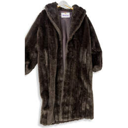 Womens Brown Long Sleeve Faux Fur Full Length Overcoat Size 12