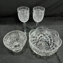 Set of 4 Cut Crystal RLL Herringbone Wine Glasses & Bowls