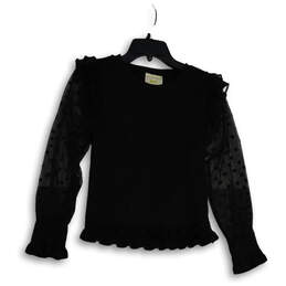 Womens Black Polka Dot Crew Neck Long Sleeve Pullover Blouse Top Size S