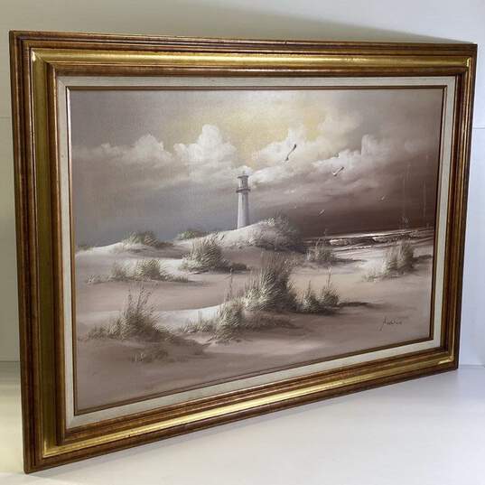 Lighthouse Sand Dunes Oil on canvas by K. Wilson Signed. Vintage Matted & Framed image number 2
