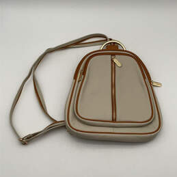 Womens White Brown Leather Adjustable Strap Inner Outer Zip Pocket Backpack alternative image