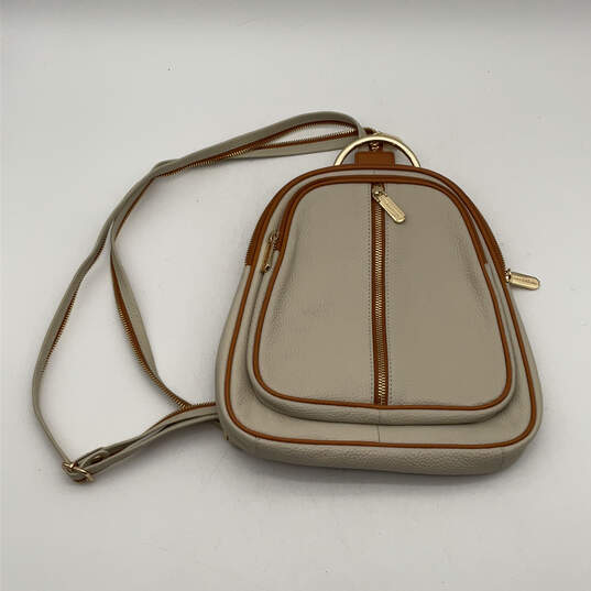 Womens White Brown Leather Adjustable Strap Inner Outer Zip Pocket Backpack image number 2