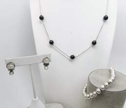 Artisan 925 Black Glass Balls Liquid Silver Necklace Rose Quartz Cabochon & Pearl Post Earrings & Ball Bead Chain Bracelet 21.6g