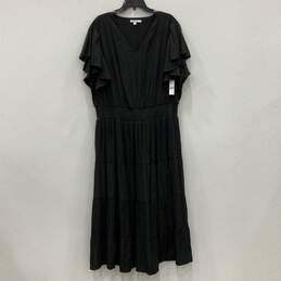 NWT Womens Black Pleated V-Neck Tiered Flutter Sleeve Maxi Dress Size 4