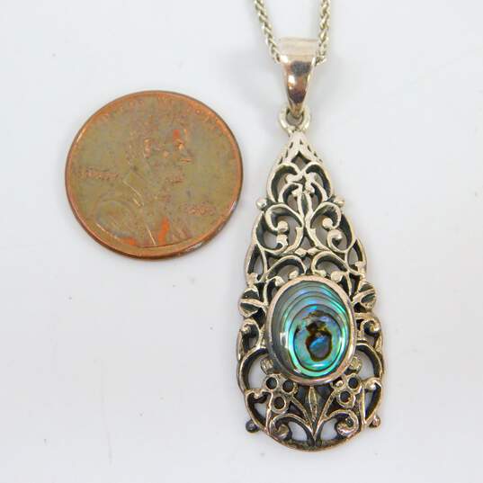 Vintage Taxco Mexico & Artisan 925 Abalone Scrolled Teardrop Pendant Wheat Chain Necklace & Shell Maple Leaf & Oval Drop Earrings 17.2g image number 4