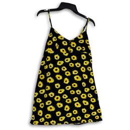 Womens Black Yellow Floral V-Neck Spaghetti Strap Mini Dress Size L