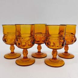 Vintage Indiana Glass Kings Crown Thumbprint Amber Goblets Set of 5 alternative image