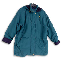 Womens Green Blue Long Sleeve Pockets Hooded Winter Full-Zip Jacket Size PL