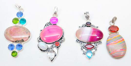 Artisan Silver Tone Rhodonite Agate Rainbow Calsilica Moonstone Colorful Glass Statement Pendants 76.3g image number 1