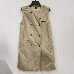 Womens Tan Cotton Sleeveless Round Neck Button Front Trench Coat Size M