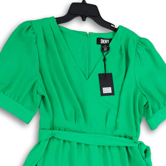 NWT Womens Green Pleated V-Neck Tie Waist Back Zip Fit & Flare Dress Sz 16 image number 3