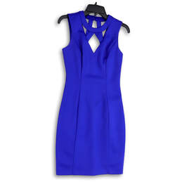 Womens Blue Sleeveless Round Neck Cut Out Back Zip Sheath Dress Size 4