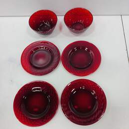 6 Piece Bundle of Ruby Red Pressed Glass Bowl and Saucers