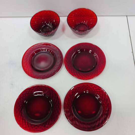 6 Piece Bundle of Ruby Red Pressed Glass Bowl and Saucers image number 1
