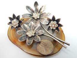 Vintage Sterling 925 Rhinestones Flower Screw Back Earrings & Brooch Set alternative image