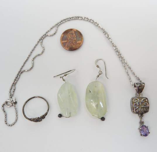Artisan 925 Amethyst Scrolled Pendant Necklace Prehnite Drop Earrings & Ring image number 6