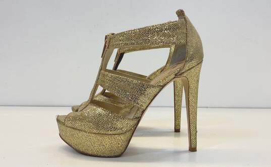 Michael Kors Gold Glitter Cage Zip Platform Pump Heels Shoes Size 8 M image number 2