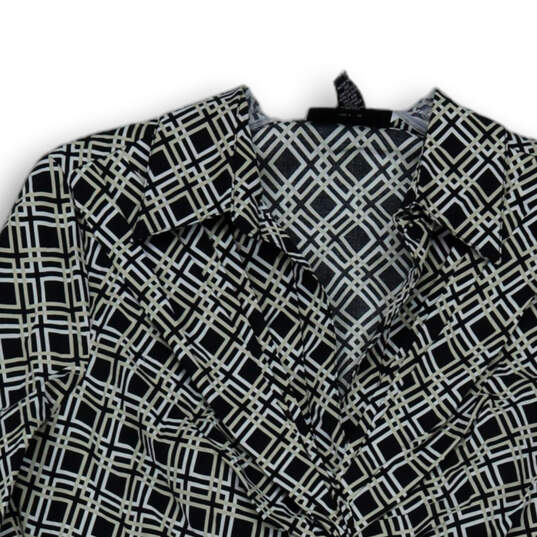 Womens Black Geometric Long Sleeve Collared Front Knot Blouse Top Size 8 image number 3
