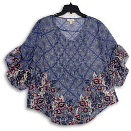 NWT Womens Blue Pink Floral V-Neck Bell Sleeve Pullover Blouse Top Size L alternative image