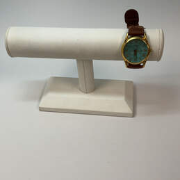 Designer Fossil PC-7371 Gold-Tone Leather Strap Round Analog Wristwatch