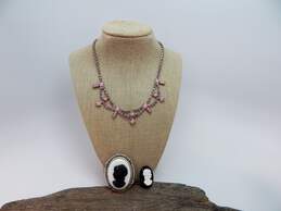 Vintage Pink Rhinestone Necklace & Black White Cameo Brooches 44.2g