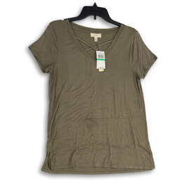 NWT Womens Olive Green V-Neck Short Sleeve Pullover Blouse Top Size Large