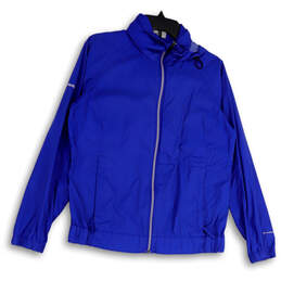 Womens Blue Long Sleeve Pockets Hooded Full-Zip Rain Jacket Size Medium