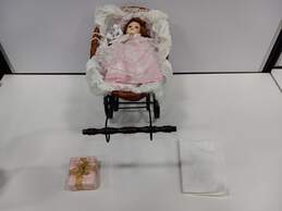 Porcelain Girl Doll in Stroller w/ Gift Box & Tea Set