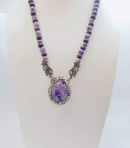 Carolyn Pollack Relios 925 Southwestern Charoite Cabochon Scrolled Oval Pendant Ball & Faceted Beaded Statement Necklace 69.9g