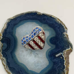 Designer Swarovski Silver-Tone Rhinestone USA Flag Heart Shape Lapel Pin