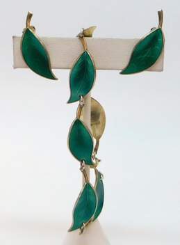 Vintage David Andersen Norway 925 Green Enamel Leaf Bracelet & Clip Earrings Set 16.8g