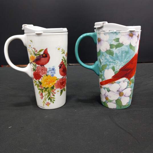 2 Evergreen Ceramic Red Bird Themed Travel Tumblers W/ Lid image number 2