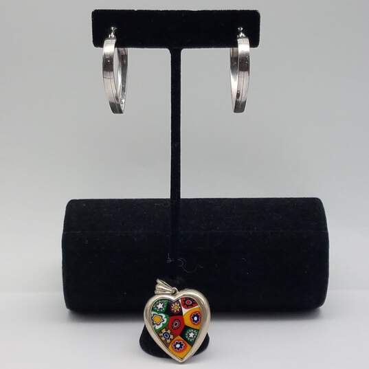Sterling Silver Murano Glass Heart Pendant & Hoop Earrings Bundle 2pcs 16.9g image number 1