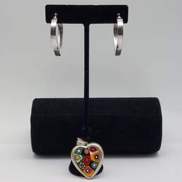 Sterling Silver Murano Glass Heart Pendant & Hoop Earrings Bundle 2pcs 16.9g