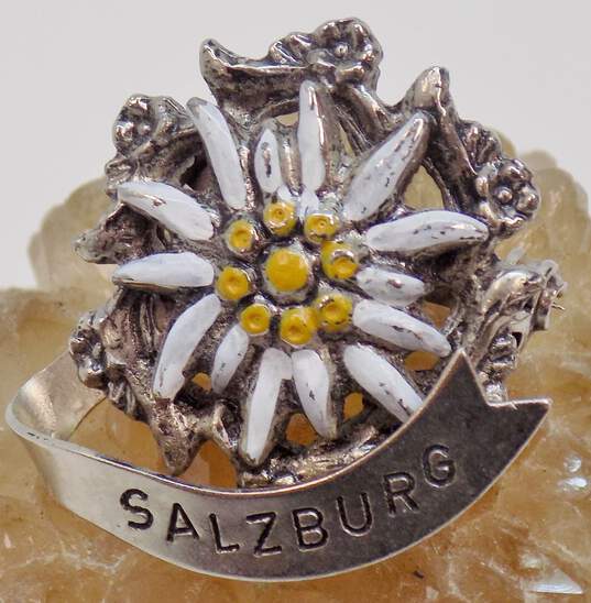 Vintage Silvertone Salzburg White & Yellow Enamel Flower & Hat Pick & Bell Nebelhorn Travel Brooches Variety 14.8g image number 5